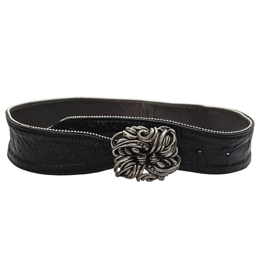 Vintage Fahrenheit NY‎ Wide Black Leather Belt Pewter Buckle 80s Wearable Art